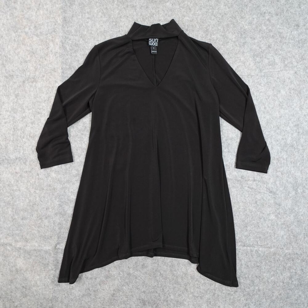 Clara Sun Woo Top Womens Small Tunic Asymmetrical Hem Slinky Liquid Knit V-Neck